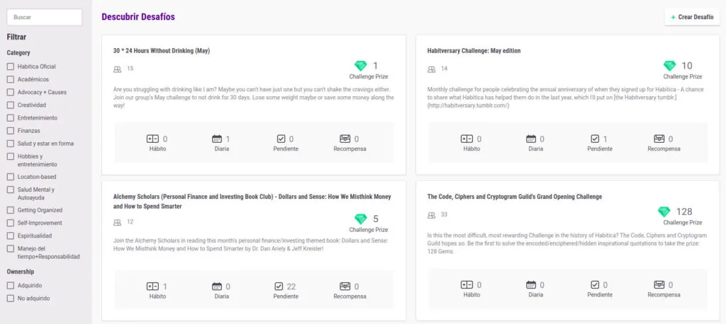 desafios en habitica